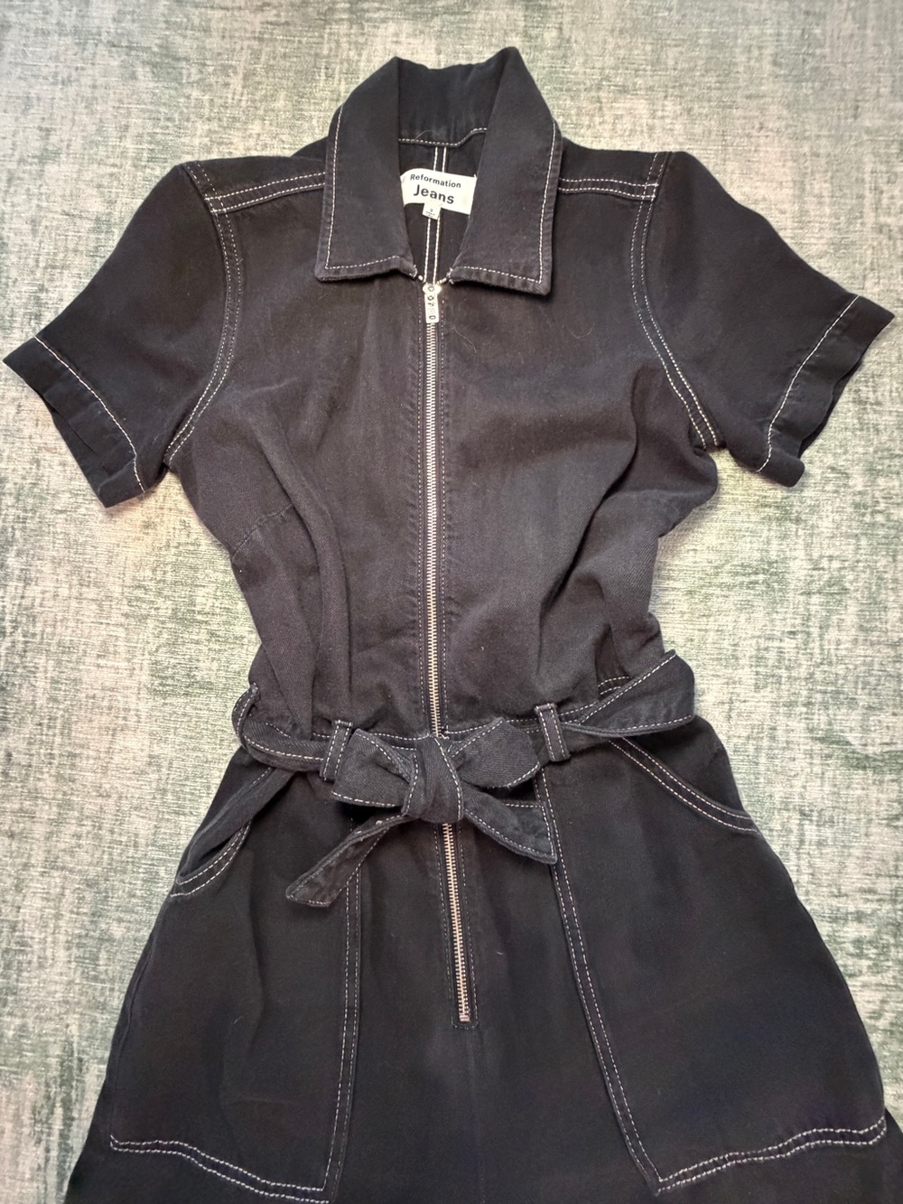 Reformation Black Zip-Front Collared Top with Contrast Stitching